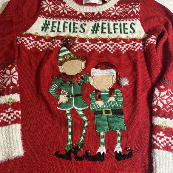 Merry & Bright Ugly Christmas Sweater #Elfies Women's Medium‎ Red Green Cream - Picture 2 of 9